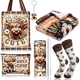 Tiangrid 6 Pcs Valentines Highland Cow Gifts for Women Include 20 oz Stainless Steel Tumbler with Lid and Straw Cosmetic Bag Throw Blanket Keychain Socks Handbag for Women Girls(Brown)