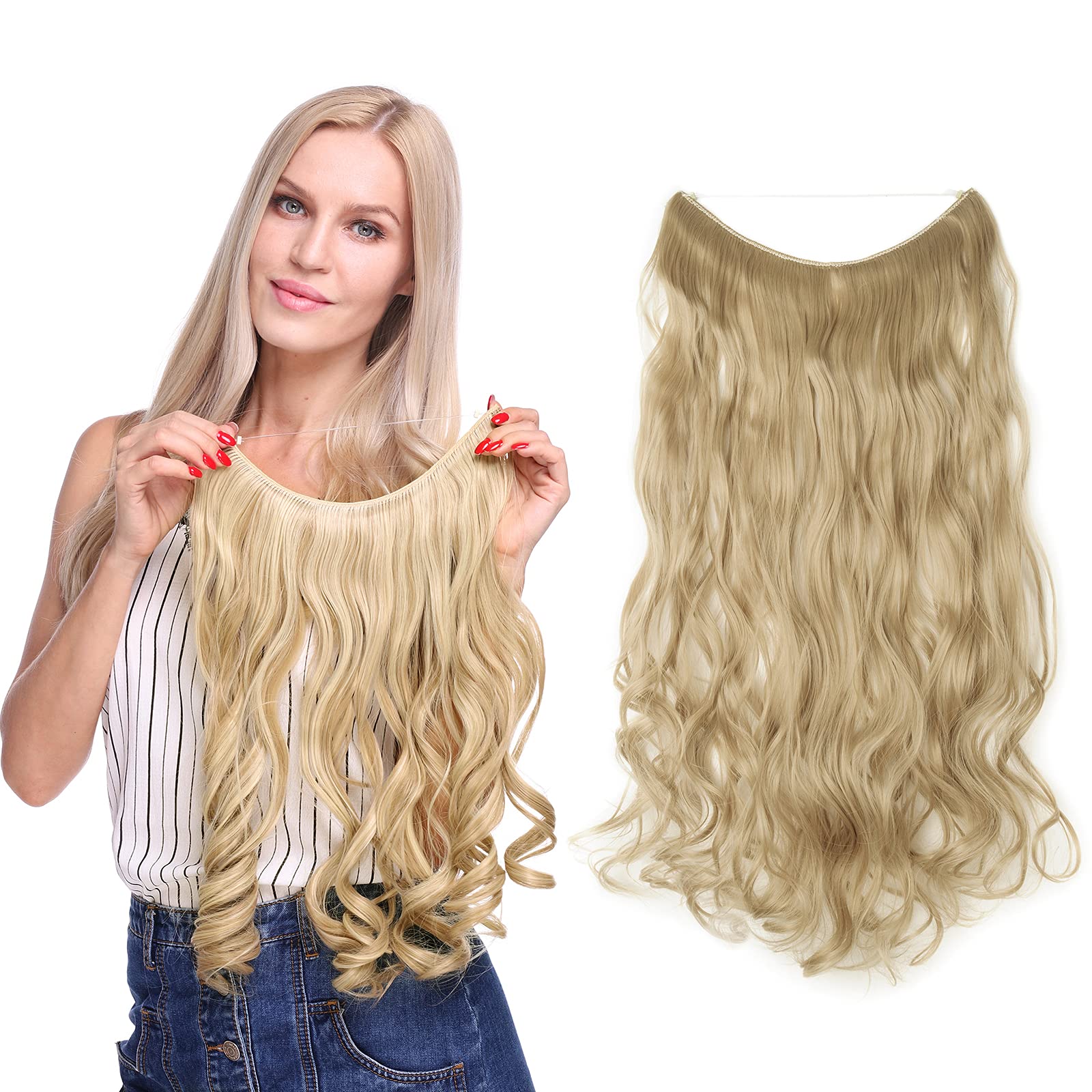 24inch Long Curly Hairpiece Wire in Hair Extensions No Clip Synthetic Hair Wire String （Blond）