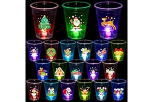 CUPLOOV 25pcs Christmas Party Cups Glow in the Dark Christmas Disposable Plastic Light Up Cups with Stickers for Kids Adults Winter Holiday Party Supplies Decorations 16 Oz