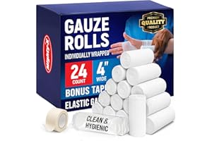 MIGHTY-X 24 Gauze Rolls - 4" x 4.1yd - Soft and Breathable Rolled Gauze - Latex-Free Premium Individually Wrapped Bandages with Bonus Tape - First Aid Conforming Stretch Wrap for Wound Care - Vet Wrap