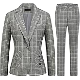 MODFUL Women's 2 Piece Business Plaid Suit Set Office One Button Slim Fit Blazer with Pant