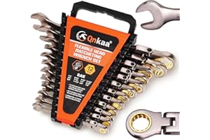 Qnkaa 12pcs Flexible Ratchet Wrenches Set SAE 1/4” to 7/8“ Inch Standard Spanners Gear Ring Ratcheting Combination Flex-Head Wrenches Kit with Portable Organizer Rack