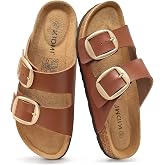 KIDMI Women&lsquo;s Comfortable Cork Footbed Slide Sandals with Arch Support | Big Adjustable Gold Buckle, Vegan leather &amp; Memory Foam, Summer Beach Slides for Everyday Wear