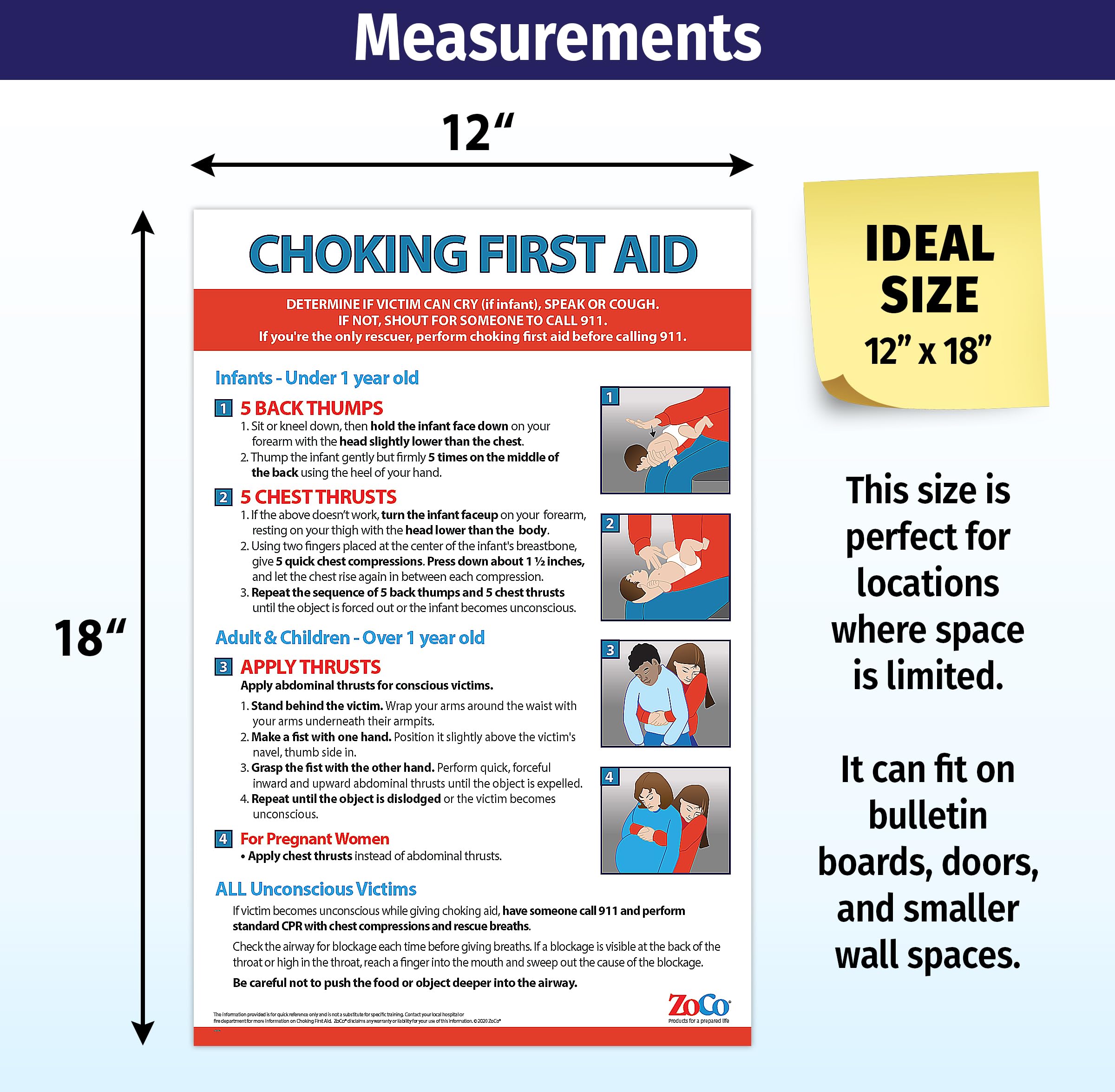 Choking Poster for Infant, Child, Adult - Laminated, 12 x 18 inches - Heimlich Maneuver Poster for Restaurants, Workplace, School Nurse Office - First Aid for Choking