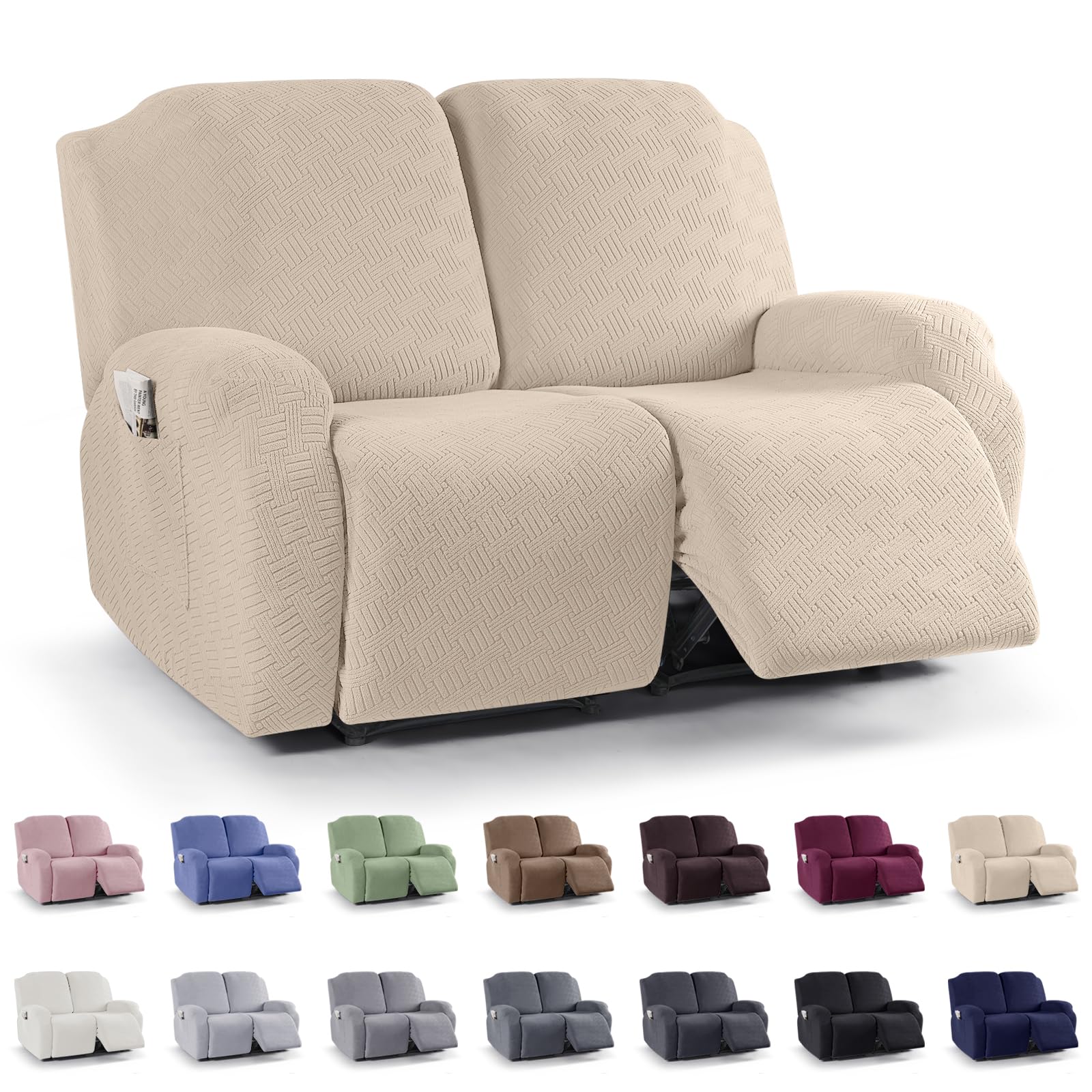 Photo 1 of KinCam Recliner Covers, Stretch Reclining Chair Covers, Recliner Sofa Slipcovers Stripe Jacquard Recliner Couch Covers Furniture Protector Covers for Pet Kid (2 Seater, Vanilla)