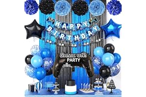 FUNHOT Video Game Birthday Decorations,Gaming Party Supplies,Include Blue Black Party Foil Balloons Happy Birthday Banner Fringe Curtain Tissue Paper Pompoms Garland