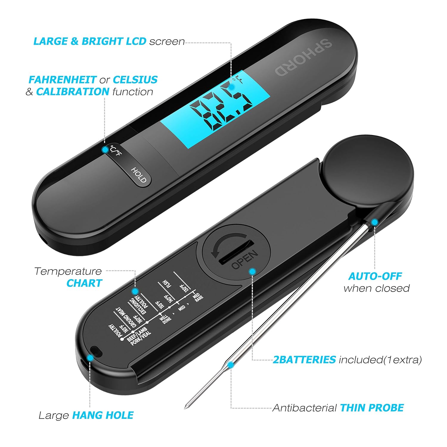 [Updated 2020 Version] SPHORD Meat Food Thermometer for Grill and Cooking, 2S Best Ultra Fast Instant Read Waterproof Digital Kitchen Thermometer Probe for Grilling, BBQ, Baking, Candy, Liquids, Oil: Industrial & Scientific