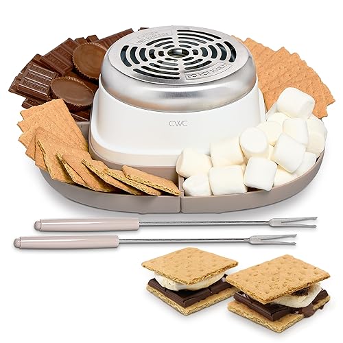 COOK WITH COLOR Electric Smores Maker - Flameless Heater, 120V 300W, with 4 Detachable Compartments & 2 Stainless Steel Roasting Forks, Warm Grey