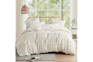 Comfort Spaces Cream King Size Duvet Cover Set - 3 Pieces Pintuck Pleated Duvet Cover, All Season Lightweight, Extra Softness Pre-Washed Microfiber King Bedding Cover Shams