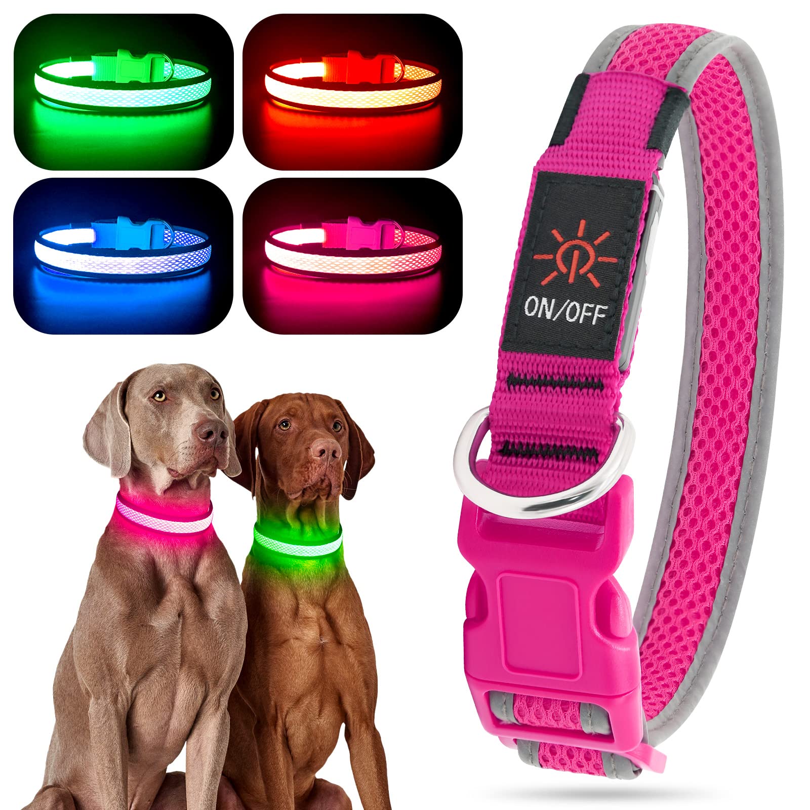 YFbrite Light up Dog Collar, Rechargeable LED Dog Collar, Flashing Dog Collar, Adjustable Reflective Dog Collar Safety Glowing at night (Pink, Medium)