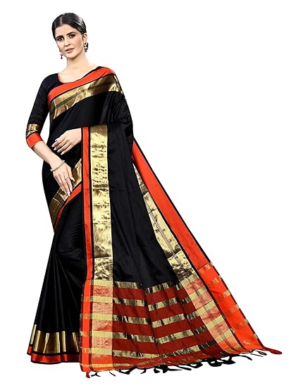 Womens Cotton Silk Saree With Blouse Piece(Han9shikaVariation (Black)