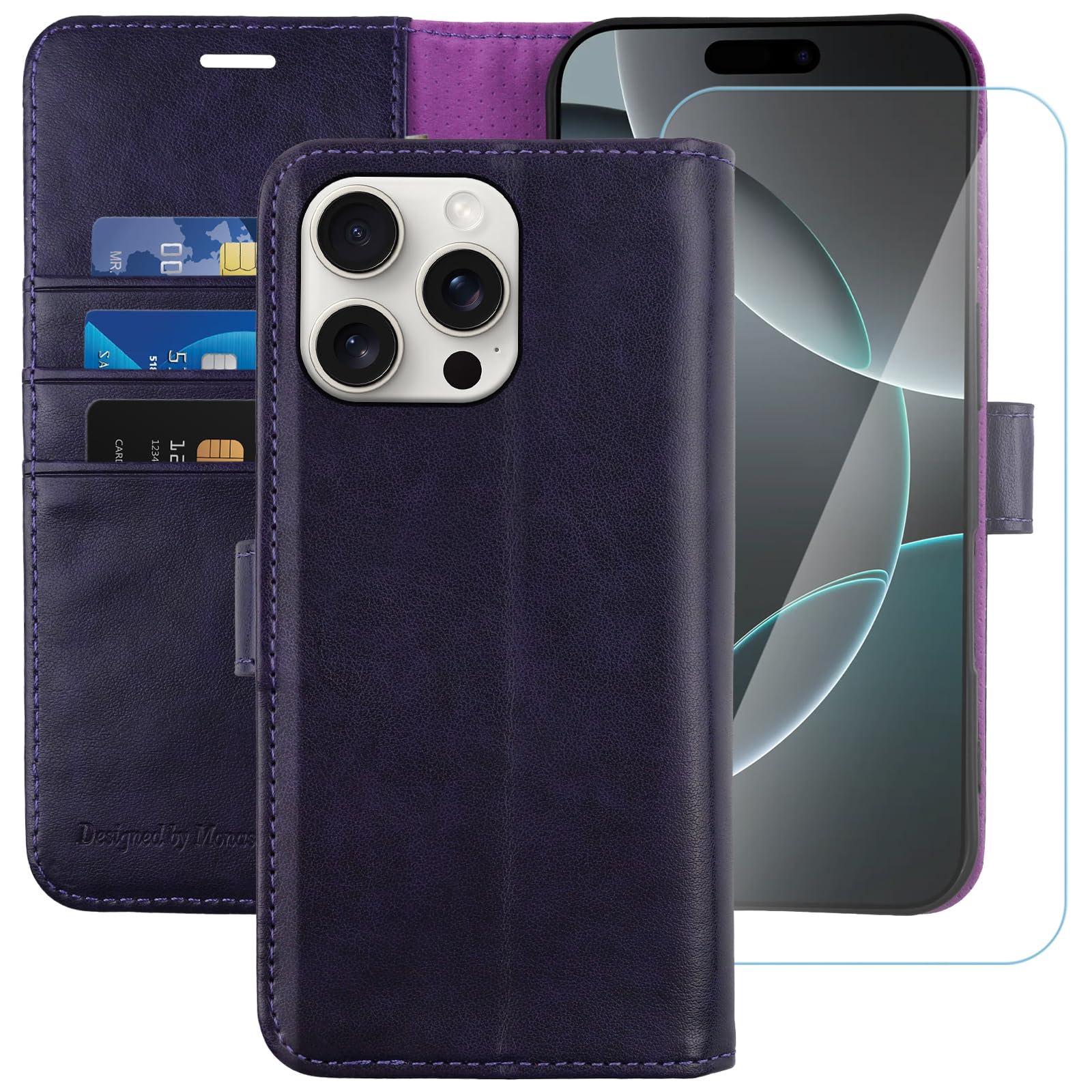 MONASAY for iPhone 16 Pro Max 5G Wallet Case,[Glass Screen Protector Included] [RFID Blocking] Flip Folio Leather Cell Phone Cover with Credit Card Holder, 6.9-inch, Purple