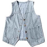 Peaceglad Womens Casual Jean Vest V Neck Open Front Button Down Sleeveless Denim Jacket with Pockets