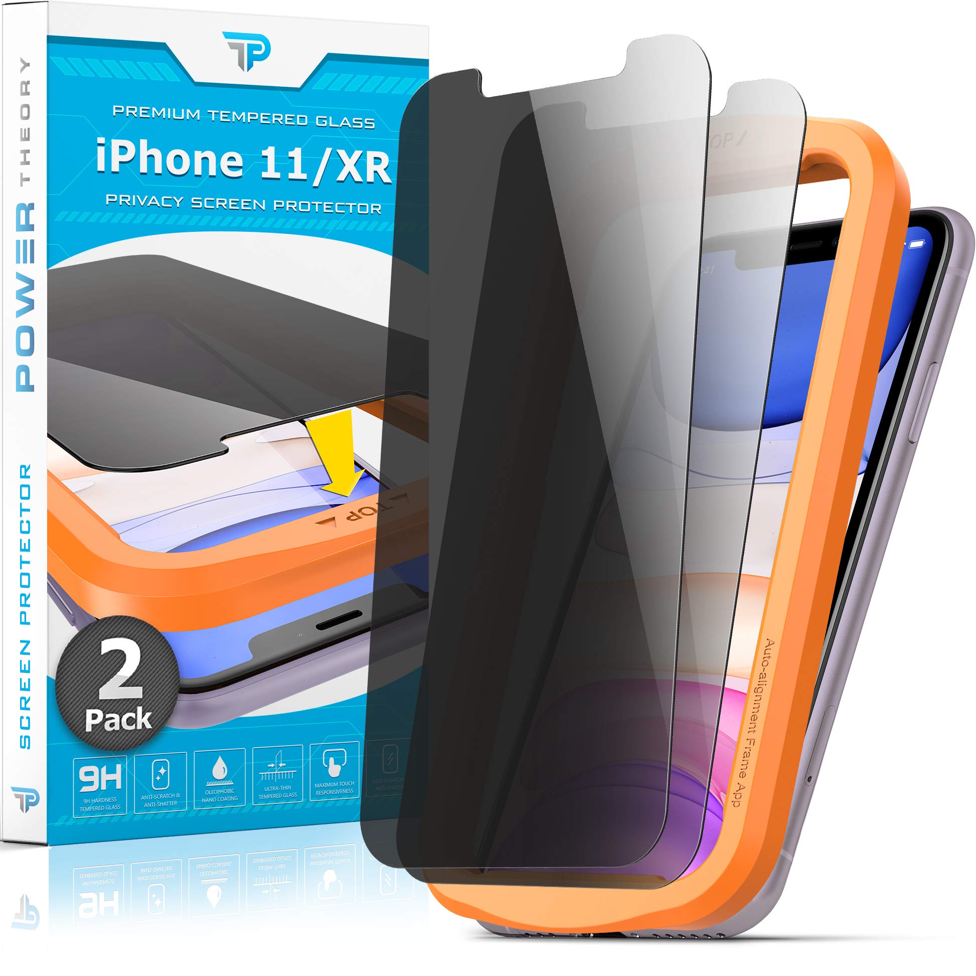 Power Theory Designed for iPhone 11, iPhone XR Privacy Screen Protector Tempered Glass Anti Spy protection [9H Hardness], Easy Install Kit, 99% HD Bubble Free Case Friendly, 2 Pack