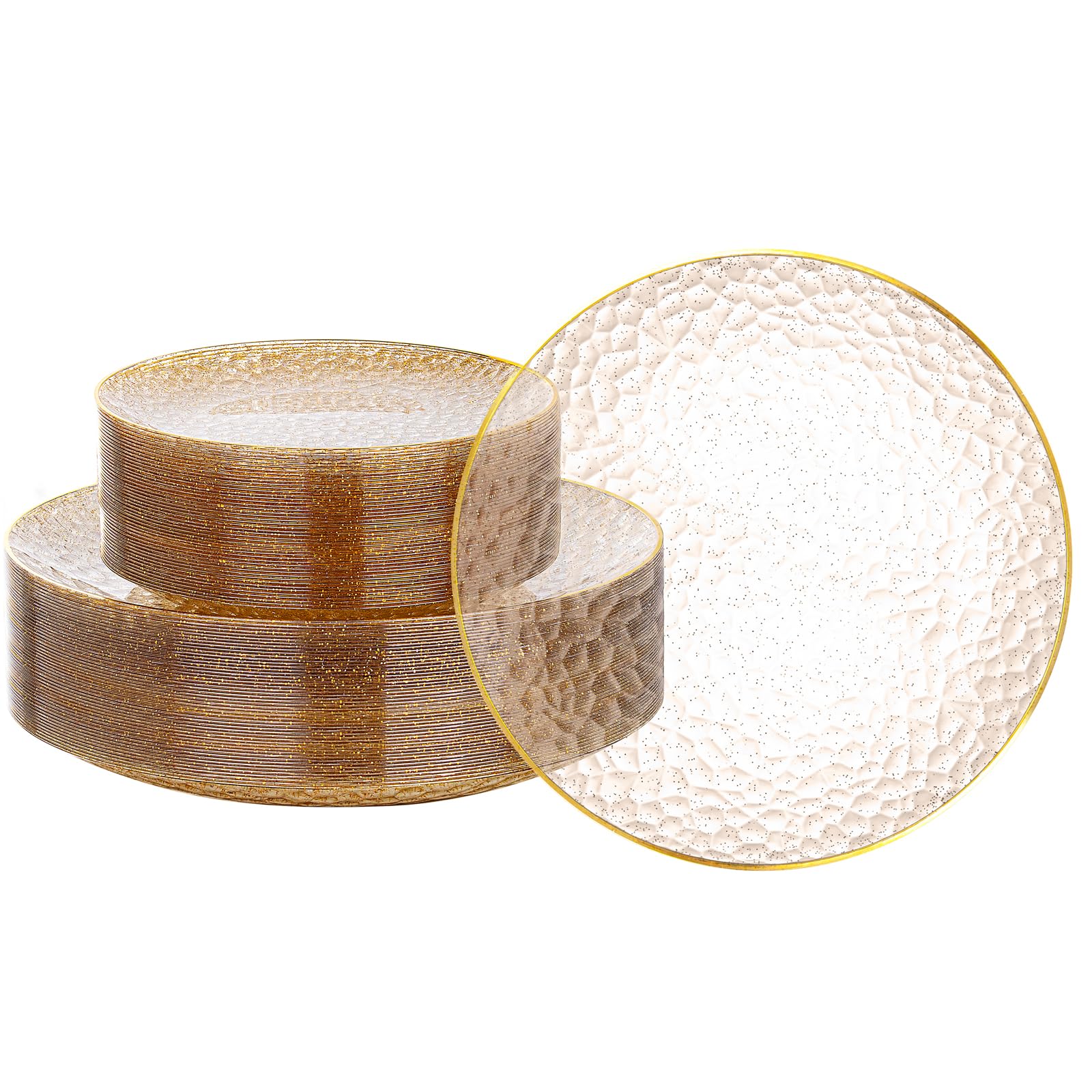 Photo 1 of Rubtlamp 60Pcs Clear Gold Plastic Plates, Gold Glitter Disposable Plates, Hammered Plastic Plates Included 30 Dinner Plate And 30 Dessert Plate for Weddings Party Birthday