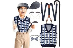 FAYBOX Old Man Costume 100 Days of School Costume for Kids Boys,Halloween Grandpa Costume Accessories Set