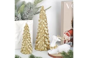 BINSUNS 3 Pack Christmas Trees and Reindeer Figurines Decoration- 2 Glittered Christmas Tree Statues and 1 Deer Vintage Christmas Decor Set, Resin Ornaments Tabletop Shelf Office Display Stand Indoor(Gold)