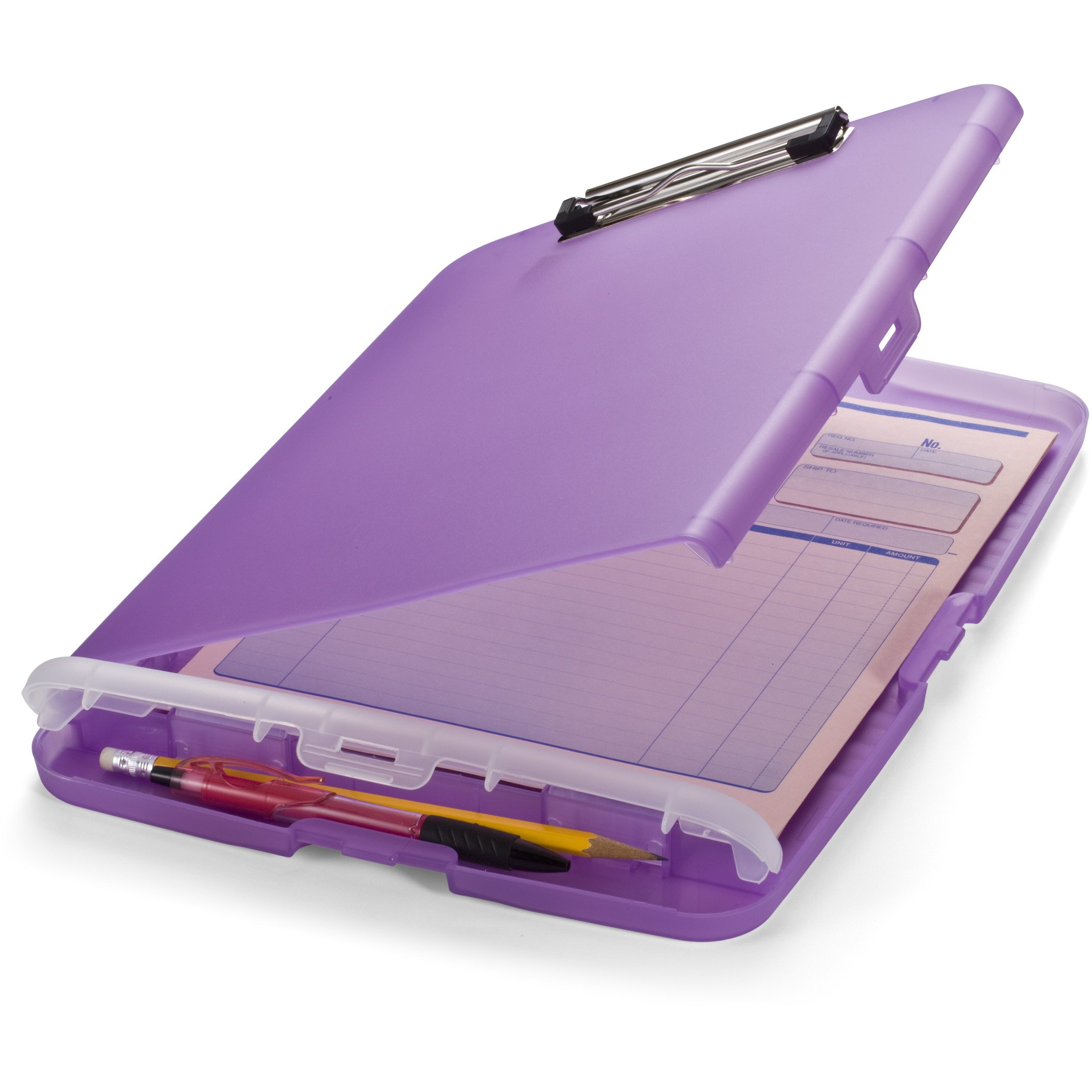 Officemate Clipboard Storage Box (A4 Size) – Slim & Compact Document & Paper Storage Box File with Clip Board & Separate Pen Compartment – Great for Office, Hospitals, Job Site & Classrooms - Purple