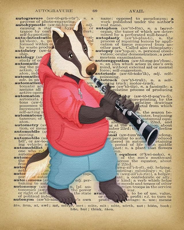 Whimsical Bear Playing Clarinet Dictionary Wall Art Prints - Musical Flute Gift Idea for House Warming Christmas Holidays - Decor Vintage Print Dictionary Wall Art Pictures Paintings UnFramed…