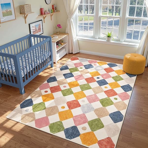 JINCHAN MACY 6X9 KIDS AREA RUG FOR CLASSROOM MODERN COLORFUL NURSERY RUG CHECKERED DIAMOND PLAY MAT WASHABLE SOFT NON SLIP CARPET FOR PLAYROOM LIVING ROOM BEDROOM DAYCARE CIRCUS ON CREAM