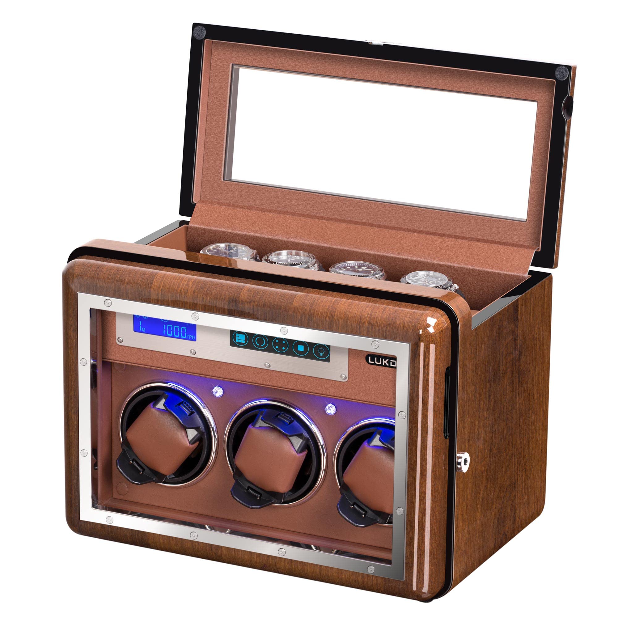 LUKDOF Automatic Watch Winder with 3 Quiet Running Motor Watch Winding LCD Display+ 4 Storage Box, Diamond Decorated, Walnut Watch Winder for Rolex with 5 Adjustable Upgraded Watch Pillows, AC Adapter