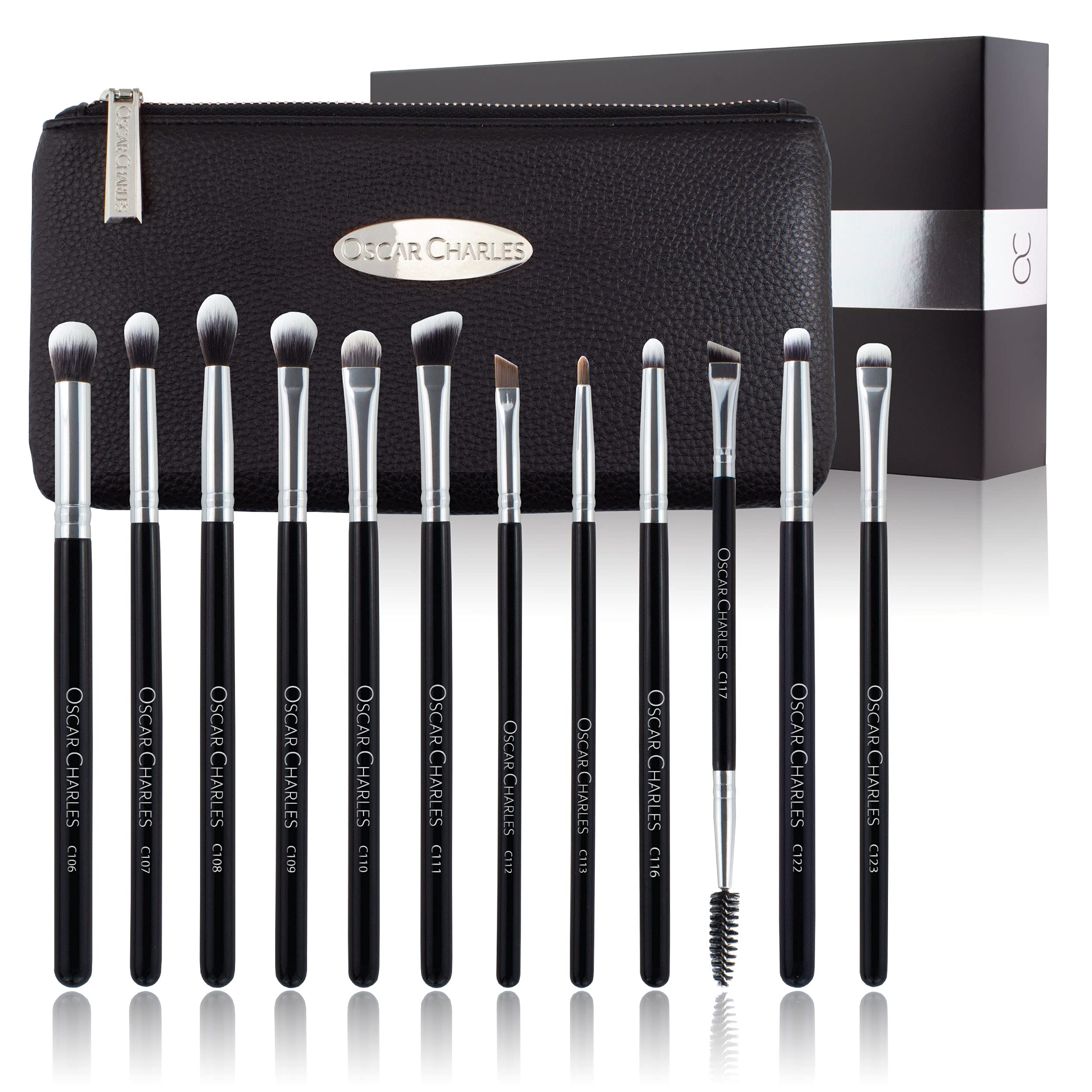 Oscar Charles Eye Makeup Brushes Set, 12 Make up Brushes Professional Including Luxury Cosmetic Bag - Silver