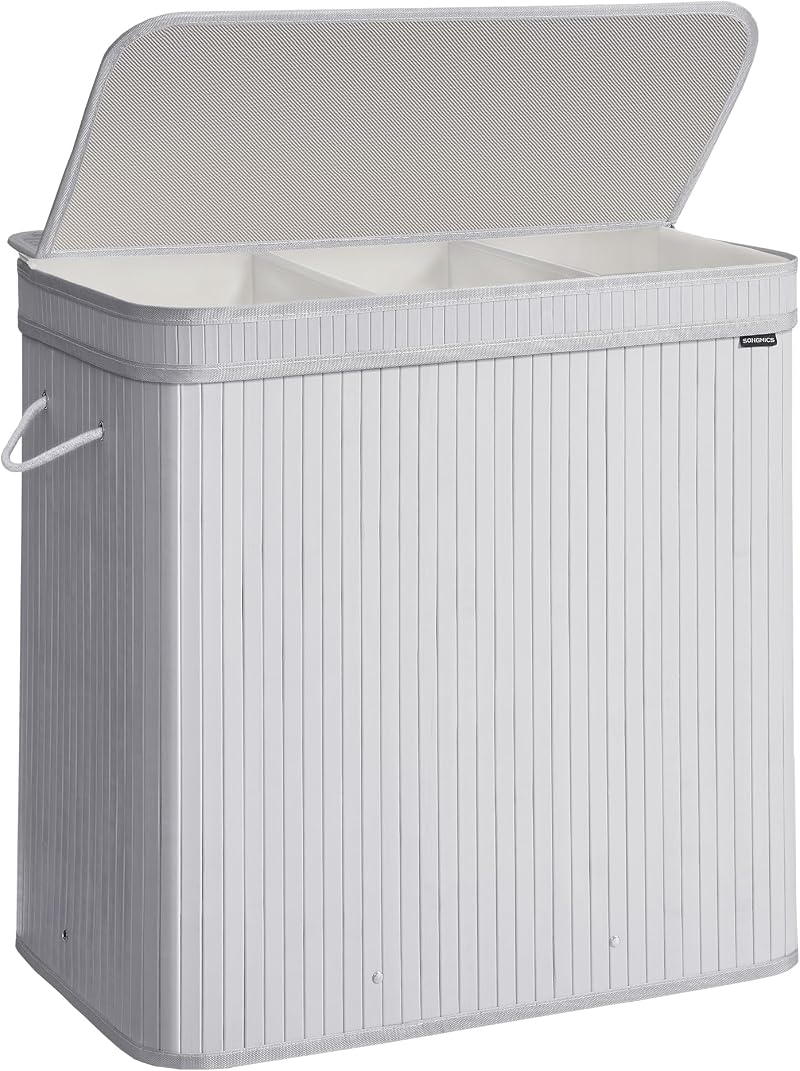 SONGMICS Bamboo Laundry Hamper with Lid 150 L Removable Liner Dove Grey
