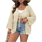 Verdusa Women's Plus Size Cardigan Bow Tie Hollow Out Cardigans Sweaters Sheer Crochet Knit Outwear