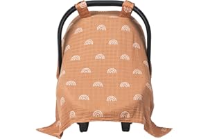 Meracorallo Muslin Baby Car Seat Cover, Boho Rainbow Infant Carrier Cover Lightweight Breathable Soft Carseat Canopy for Baby