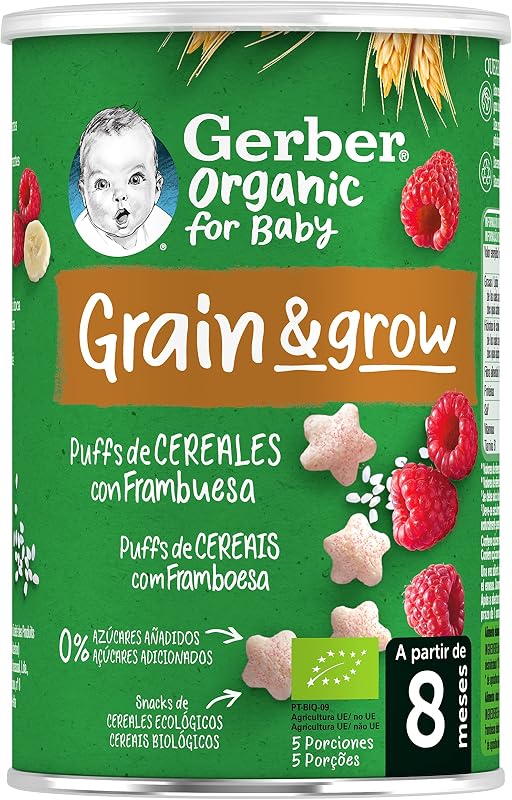 GERBER Folhados Orgânicos de Framboesa e Banana, Petisco de Cereais para Bebés, Latas 5x35g, a partir dos 8 meses — foto 3 de 8
