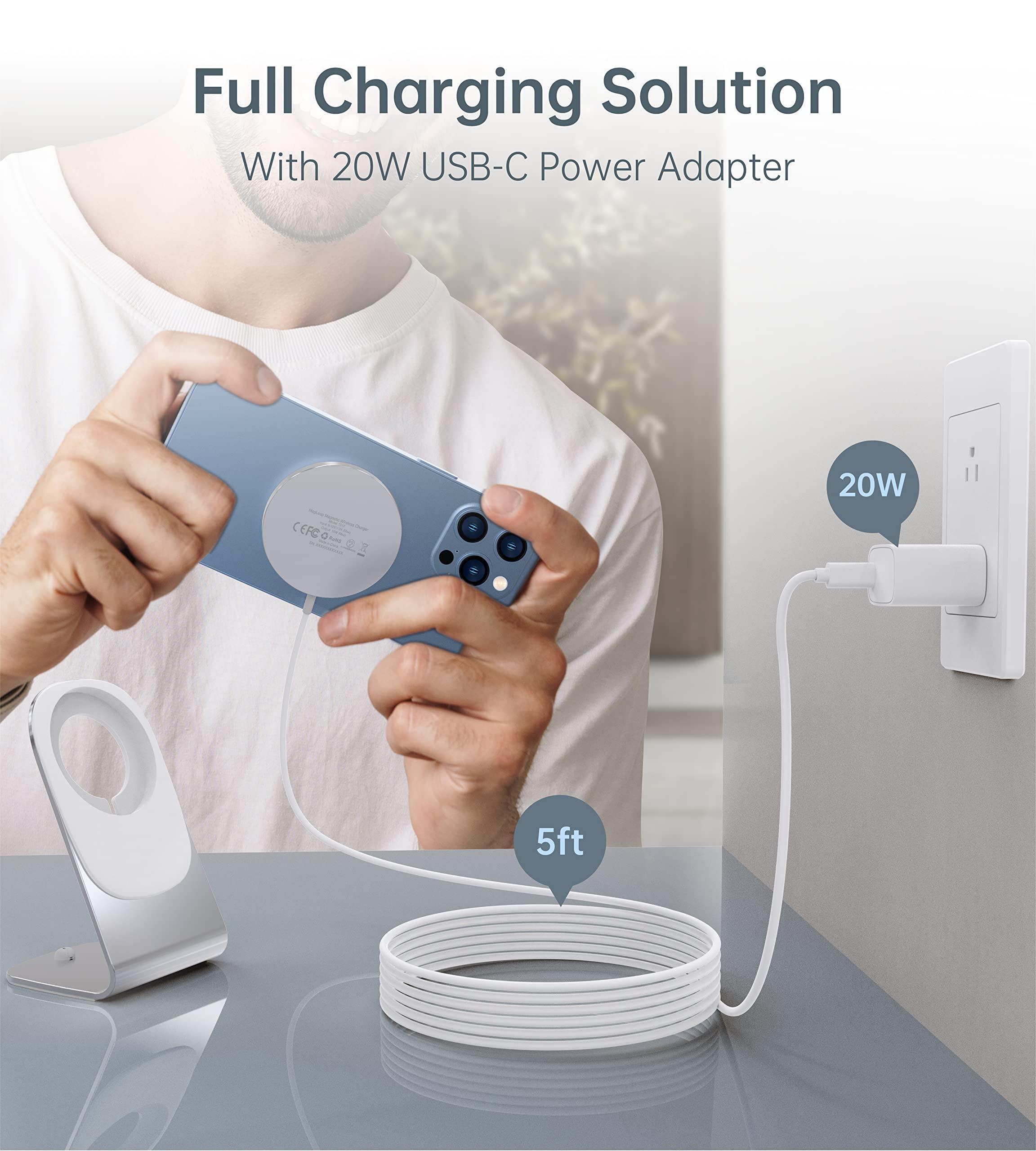 Magnetic Wireless Charger for iPhone 17/16/15/14/13/12 - Mag Charger+20W USB C Adapter, Fast Wireless Charging Stand/Pad with 5ft USB-C Cable for iPhone 17/16/15/14/13/12 Pro Max Plus Mini Air, Airpod