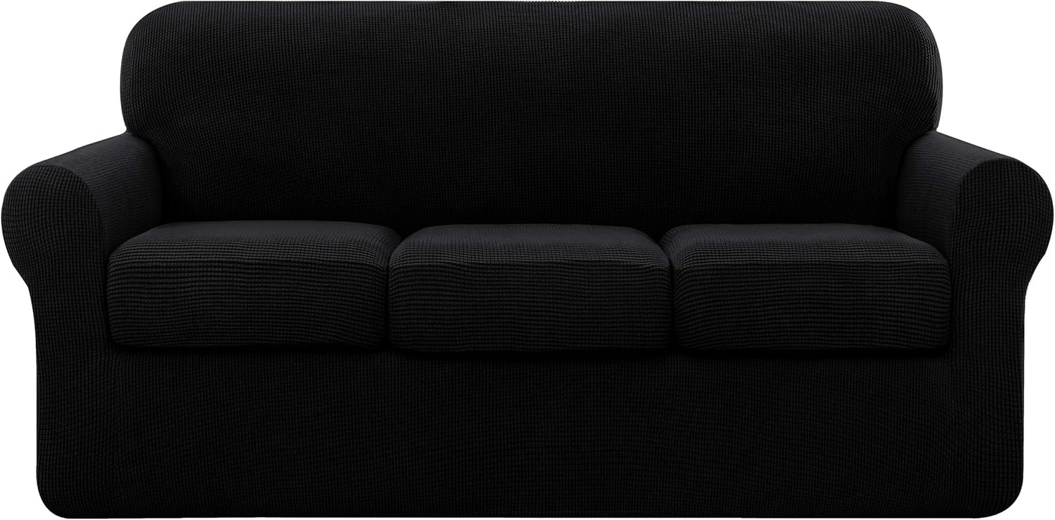 Slipcovers - subrtex 4 Piece Sofa Cover High Stretch Couch Slipcover for 3 Cushion Soft Sofa Slipcover Jacquard Fabric Furniture Covers with Elastic Bottom Machine Washable(Black,Large)