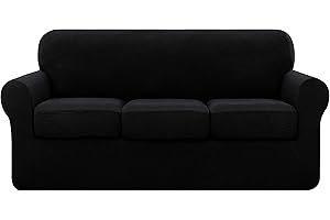 subrtex 4 Piece Sofa Cover High Stretch Couch Slipcover for 3 Cushion Soft Sofa Slipcover Jacquard Fabric Furniture Covers with Elastic Bottom Machine Washable(Black,Large)