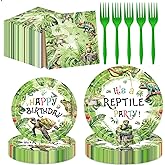 96 Pcs Reptile Snake Party Plates Napkins - Jungle Lizard Alligator Theme Tableware Set with Forks, Wildlife Birthday Party Disposable Supplies for Kids Boys Girls, 24 Guests