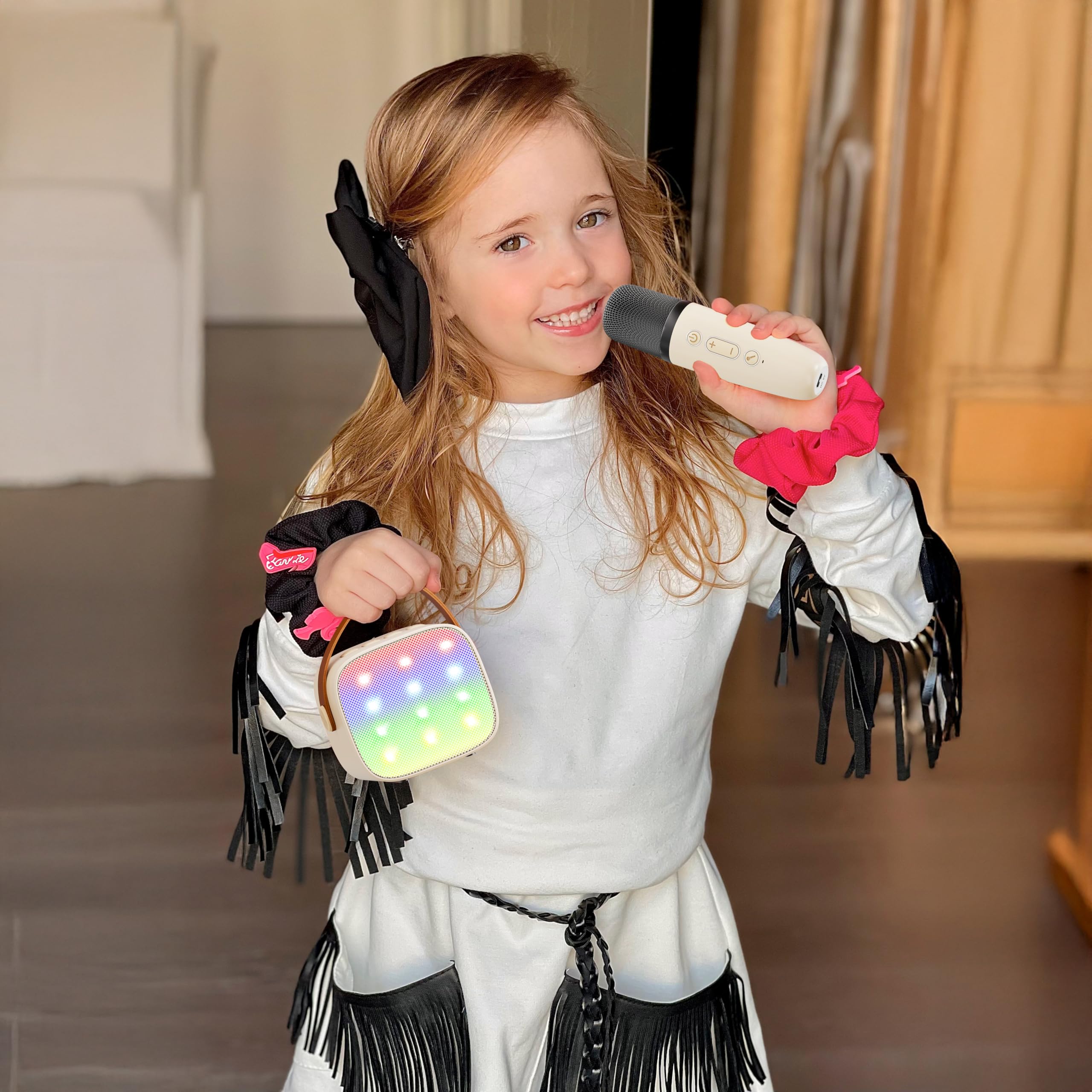 YLL Mini Karaoke Machine with 2 Wireless Microphones for Kids Adults, Portable Bluetooth Speaker Gift for Girls Toys 4, 5, 6, 7, 8, 10, 12+ Years Old Teens Birthday(Beige)
