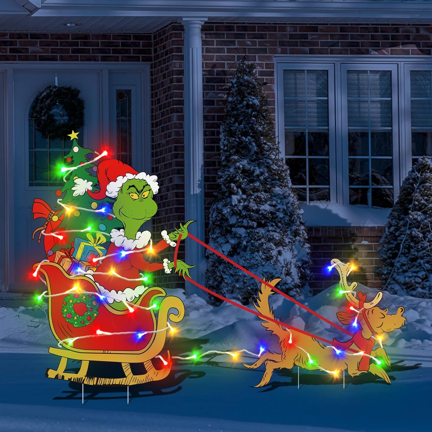 Yard Signs - Outdoor Christmas Decorations for Yard - 2pcs Plastic Sleigh Dog Gnome Christmas Yard Signs with Yard Stakes, String Lights for Garden Yard Lawn Christmas Party Supplies
