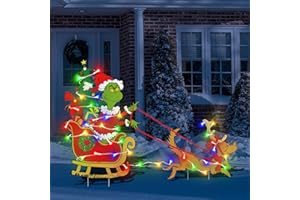 MAXDUCK Outdoor Christmas Decorations for Yard - 2pcs Plastic Sleigh Dog Gnome Christmas Yard Signs with Yard Stakes, String Lights for Garden Yard Lawn Christmas Party Supplies