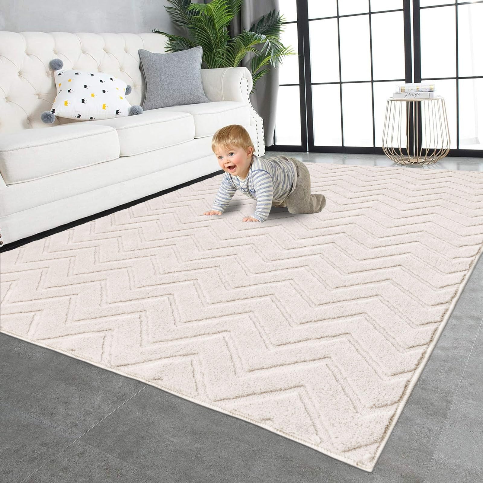 Photo 1 of SHACOS Soft Fluffy High-Low Pile Textured Chevron Area Rugs 5'3"x7'3" Non Slip Washable Modern Geometric Wave Stain Resistant Medium Pile Rug Carpet for Living Room Bedroom Kitchen, Beige