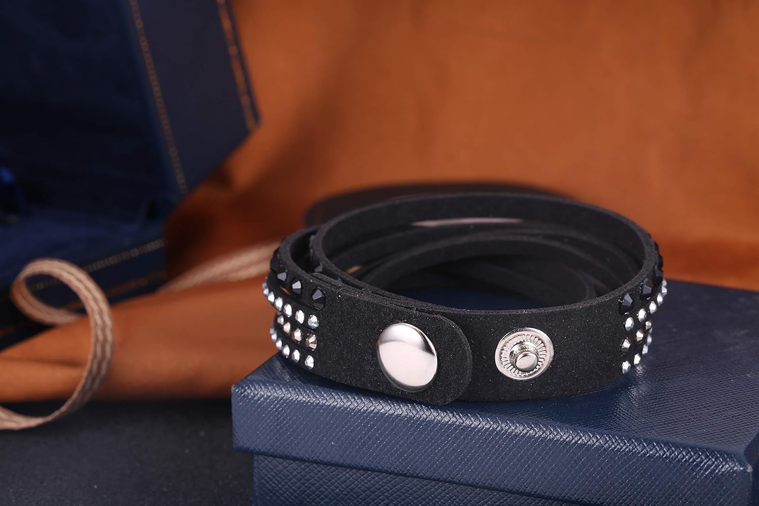Barzel Leather Created Austrian Crystals Wrap Bracelets (Grey with Black & White Stones): Clothing