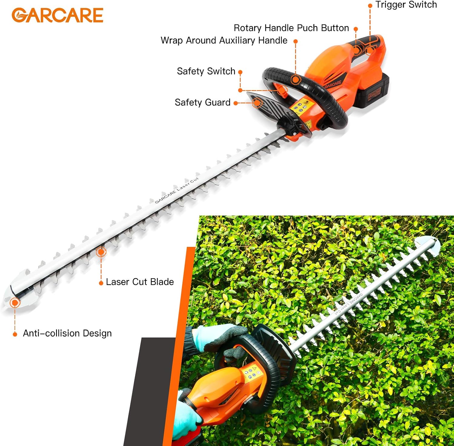 GARCARE Cordless Electric Hedge Trimmer 20V 4.0A Battery Lightweight