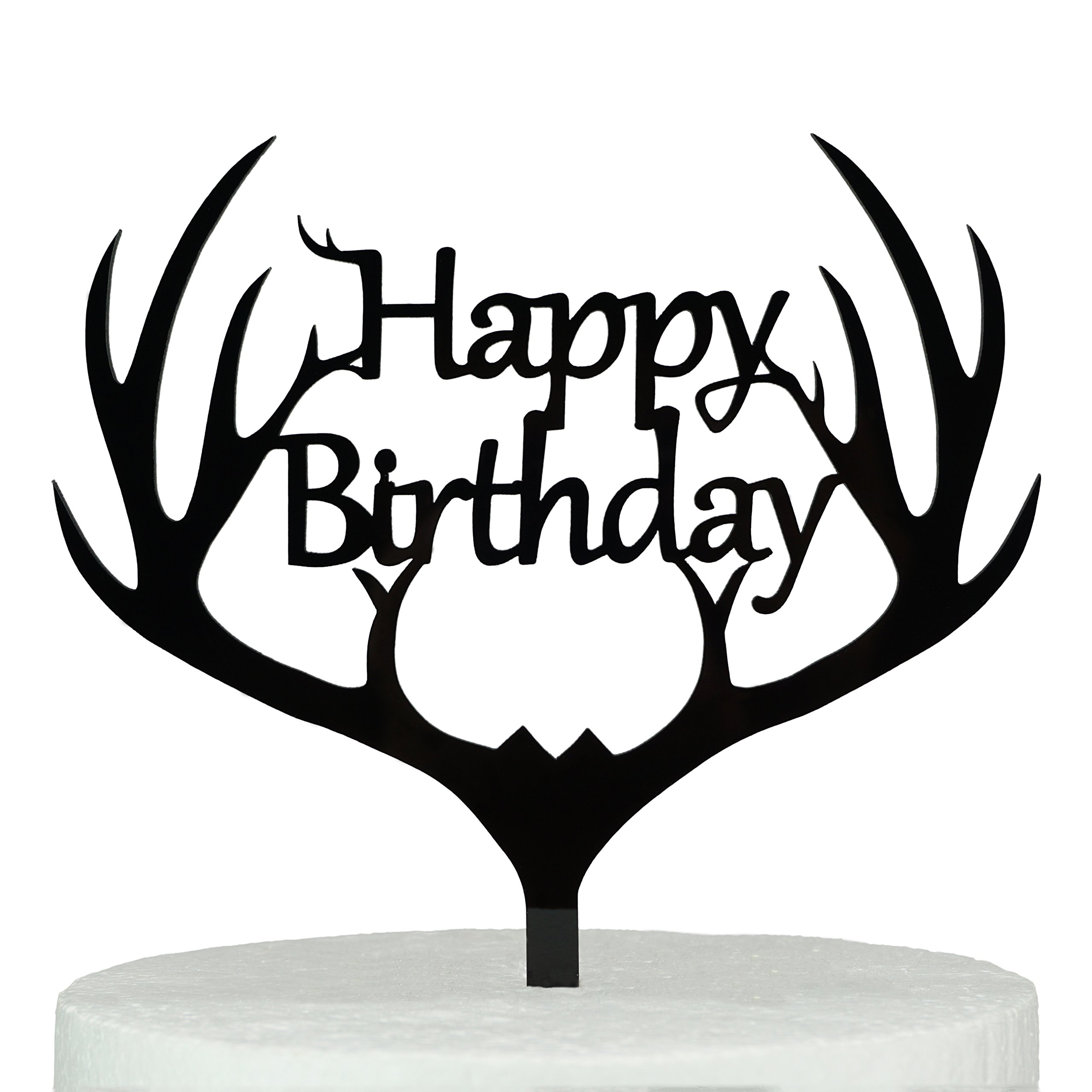 LOVENJOY Gift Boxed Antler Happy Birthday Cake Topper Black, Frosted Acrylic