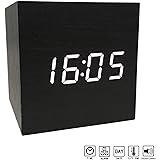 COCLOCK Digital Alarm Clock Modern LED Light Wooden Cube Displays Date Temperature for Travel Desk Bedroom