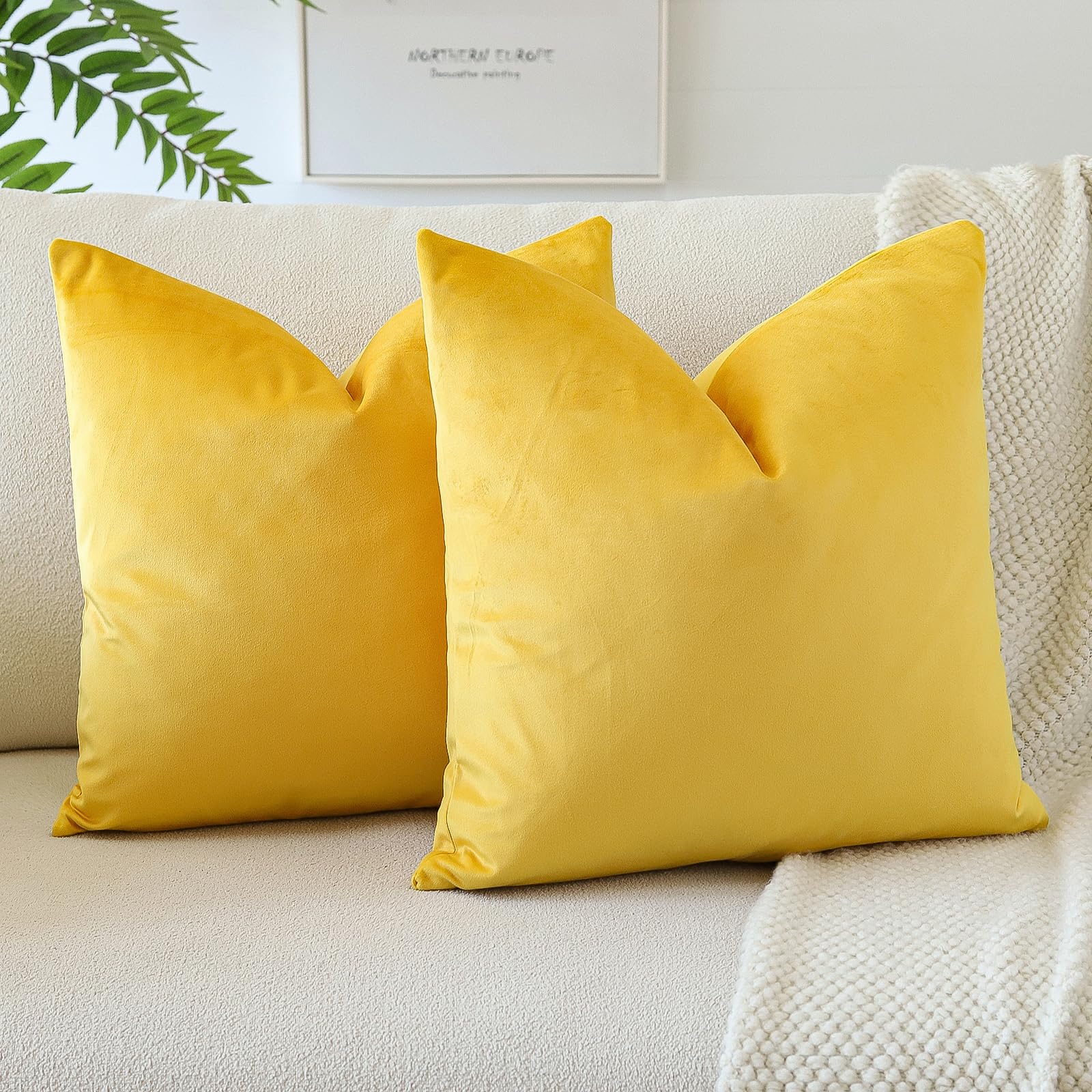 OTOSTAR Soft Velvet Decorative Throw Pillow Covers Solid Square Cushion Case Home Decor Pillow Covers for Couch Sofa Bedroom Living Room Decorative Pillowcases 22 x 22 Inch Pack of 2 (Orange Yellow)