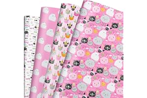 Dtiafu Cat Wrapping Paper for Girls Kids Women - 12 Sheets Pink White Gift Wrap with Cat Fish Patterns for Birthday Baby Shower Cat Party - 20 x 28inch Per Sheet