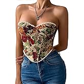 QIAIYALA Vintage Corset Top for Women Floral Strapless Bustier Lace Trim Lace-up Lingerie Bodyshaper Crop Tube Tops