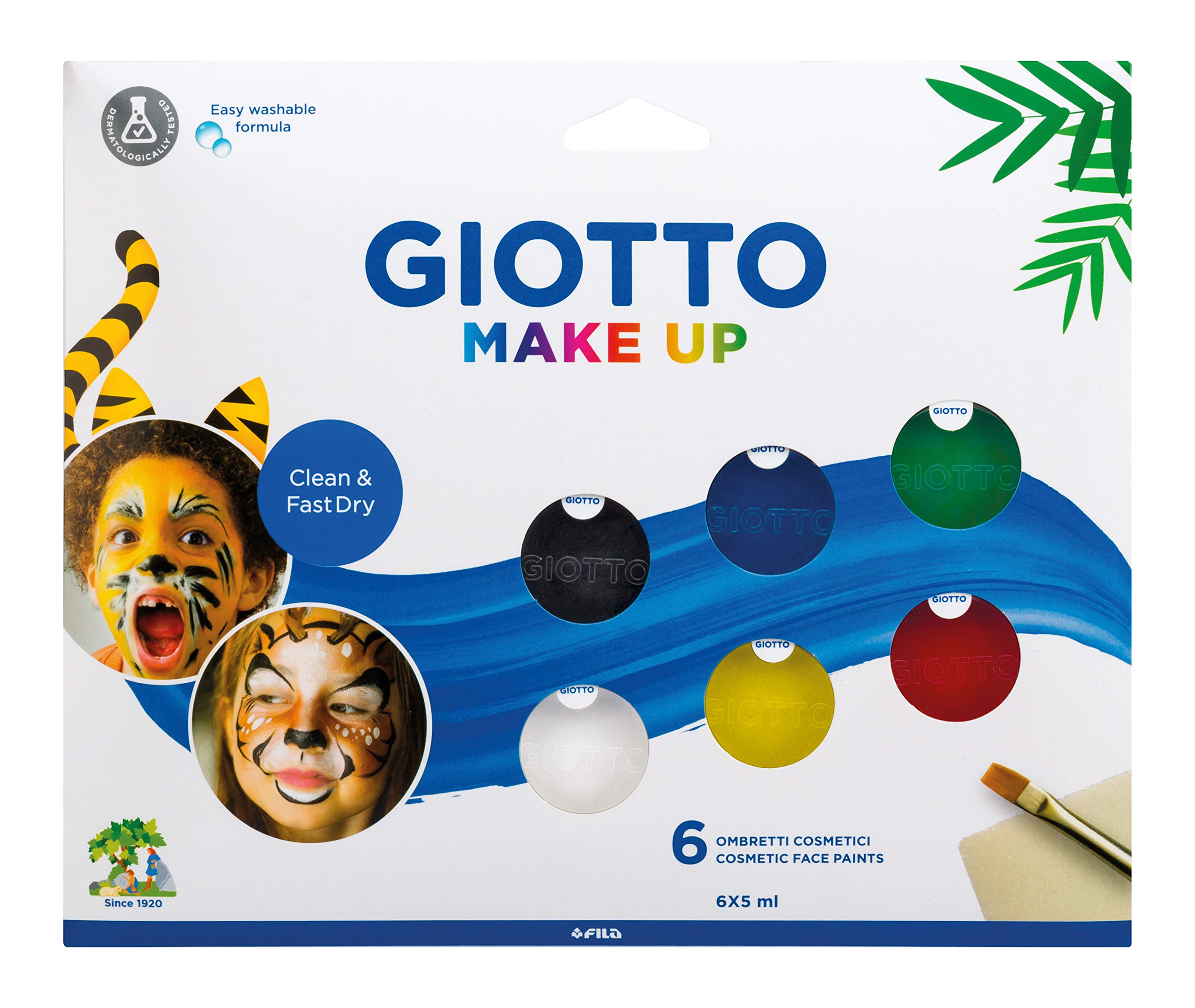 GIOTTO Make-up, Fast Dry Cosmetic Face Paints, Easy Washable from Skin, 6 x 5ml Assorted Colours, Includes Brush and Sponge, For Children and Parties