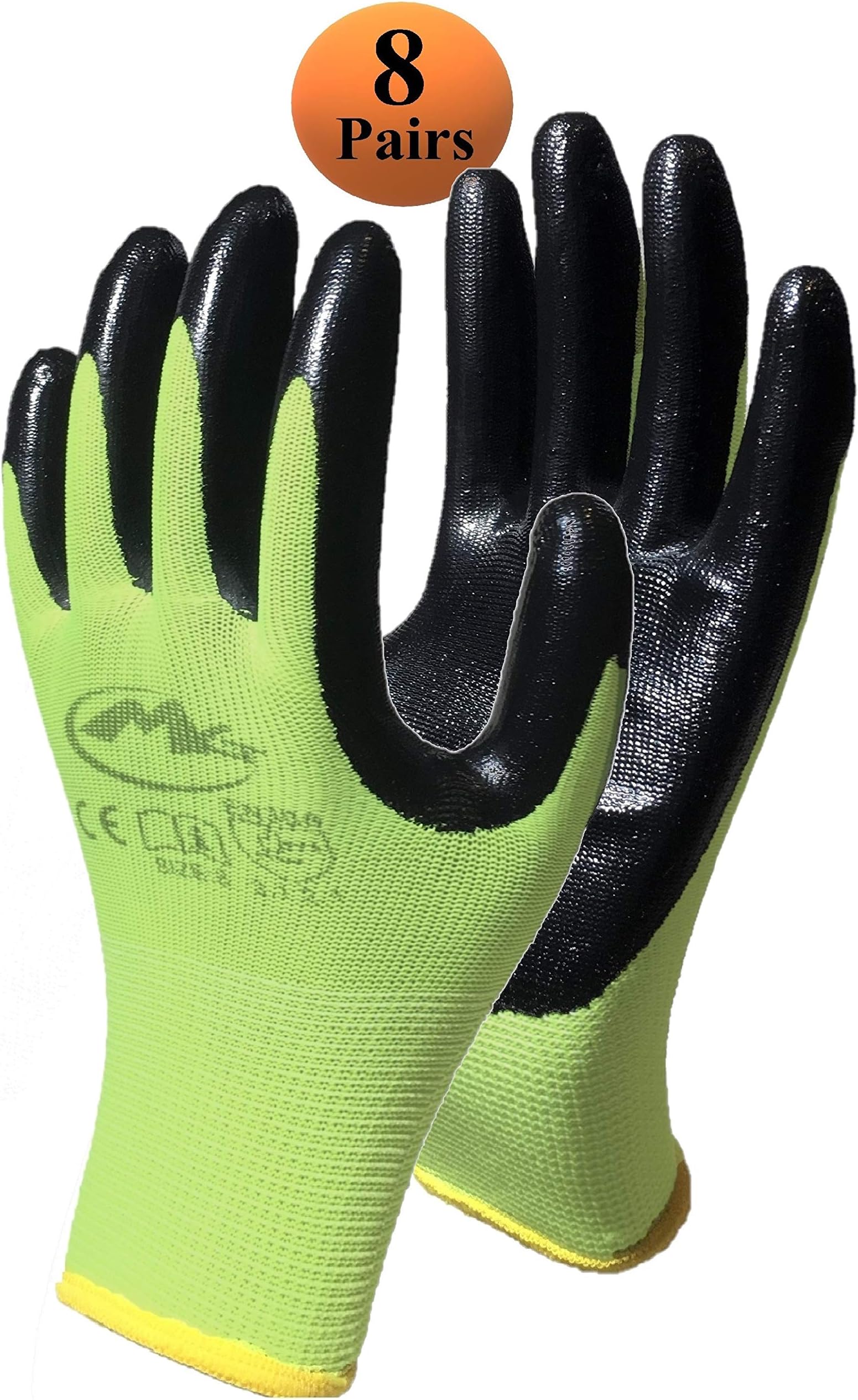 Safety Work Gloves Nitrile Coated - 8-Pair-Pack Mens and Womens Working Gloves with Grip for Precision Work and General Safety Purpose (Green, Size Small)