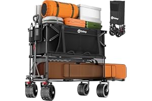 SEKEY 400L Large Capacity Folding Double Decker Wagon with Brakes, 48" Extra Long Extender Cart, 500lbs Heavy Duty Collapsible Wagons, All-Terrain Big Wheels for Camping, Sports, Shopping. Black
