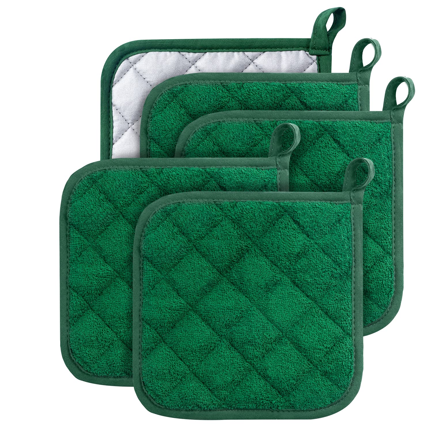 Lifaith 100% Cotton Kitchen Everyday Basic Terry Pot holder Heat Resistant Coaster Potholder for Cooking and Baking Set of 5 Dark Green