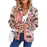 SELINK Womens Fleece Jacket Western Aztec Print Long Sleeve Snap Button Down Shacket Jackets with Pockets